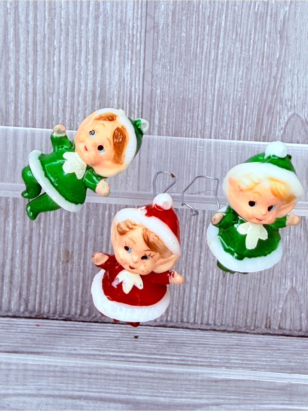 Vintage Dexter Dancing Christmas Pixie Elves Red Green Plastic Christmas decor 3